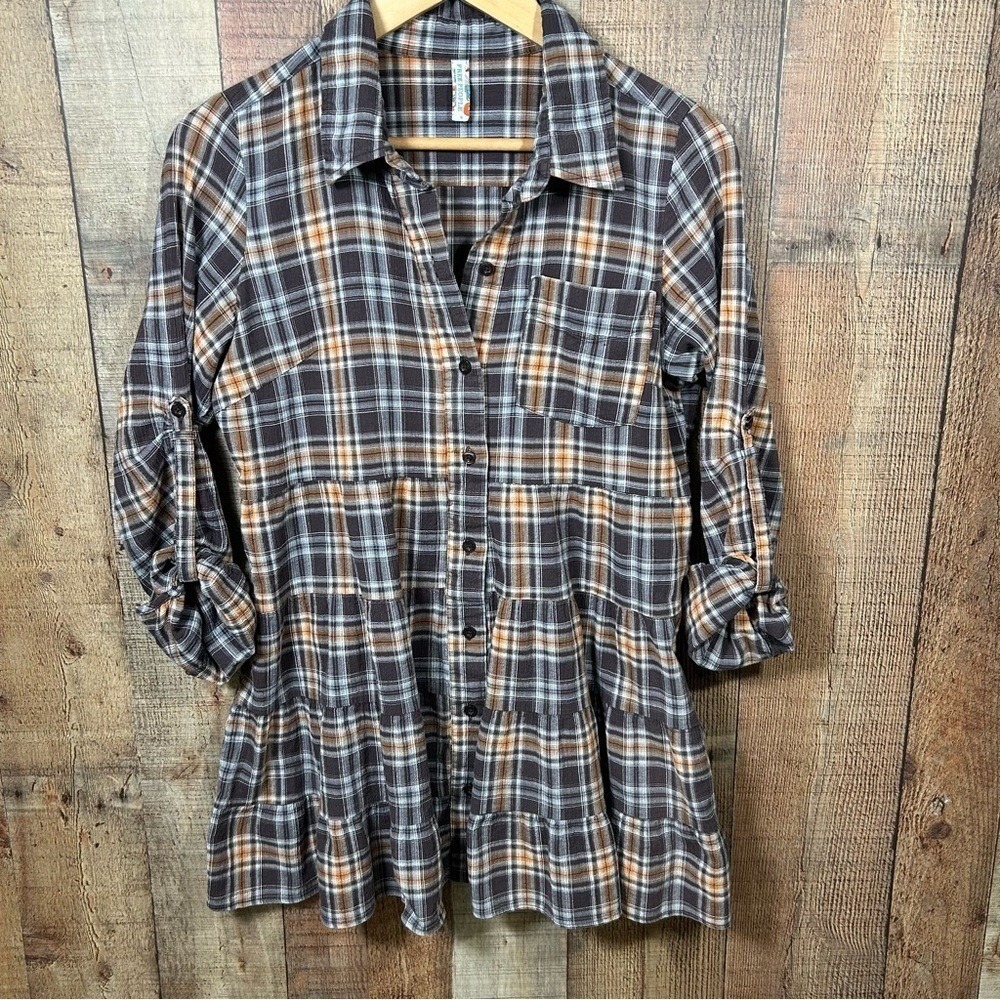 Free People Eternal Sunshine Plaid Boho Tunic Top Tiered Small Brown Shirt